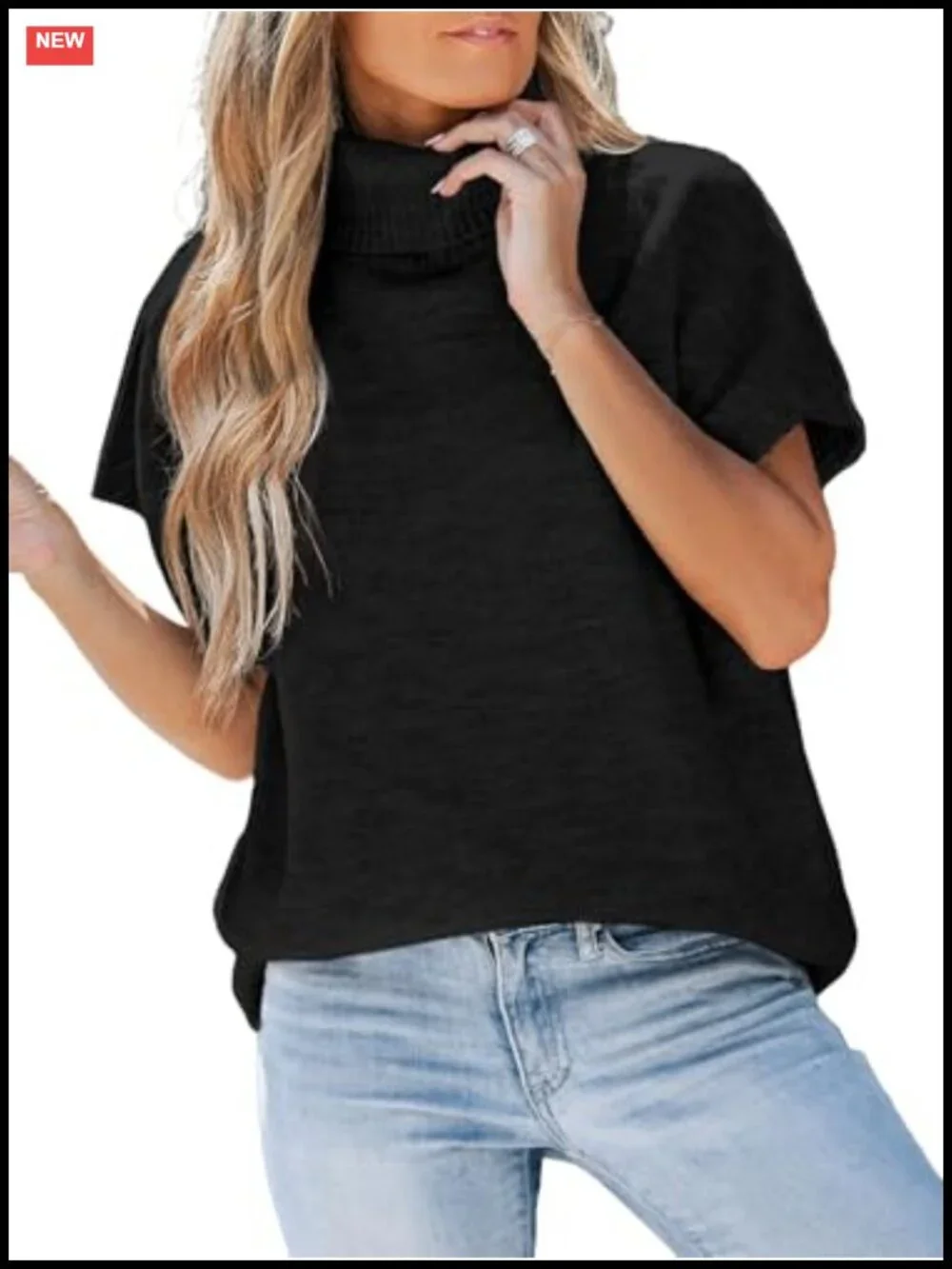 Women's Casual Fit Turtleneck Pullover Sweater Cap Sleeve Ribbed Hem Knit Top